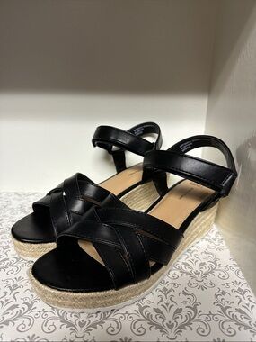 a new day Black Braided-Strap Wedge Sandals